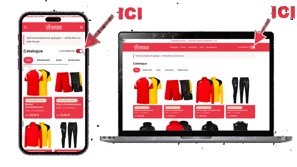 Bouton « Licencié/abonné » à cocher en haut du site pour activer les prix réduits
